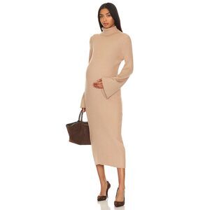 BUMPSUIT Maternity Beige Tan Ribbed Turtleneck Long Bell Sleeve Midi Dress Small